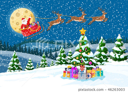 Christmas santa claus rides reindeer sleigh. Christmas santa claus rides reindeer sleigh. 46263003