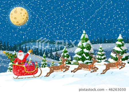 Christmas santa claus rides reindeer sleigh. 46263030