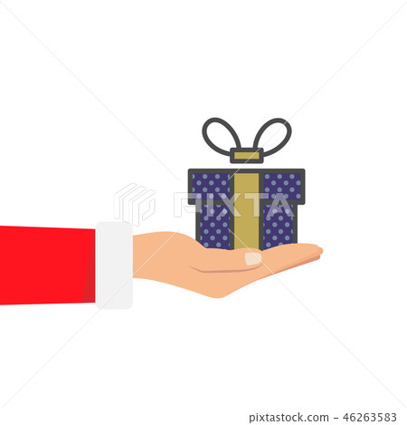 Gift from Santa Claus. Santa Claus holding white gift box in hand. Vector illustration flat design 46263583