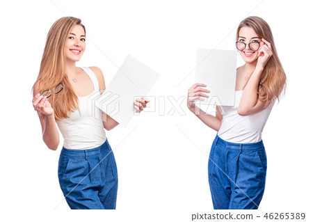 Collage of smiling business woman, isolated on white background. Modern businesswoman in glasses Collage of smiling business woman, isolated on white background. Modern businesswoman in glasses 46265389