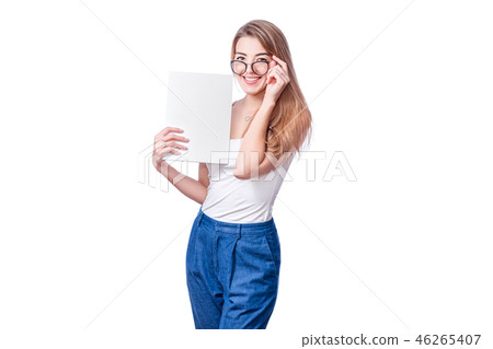Smiling business woman, isolated on white background. Modern businesswoman in glasses with copy 46265407