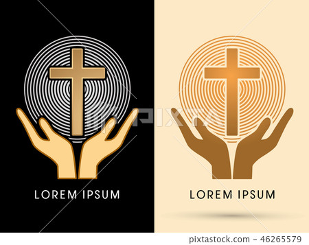 Hands holding cross with light graphic vector 46265579