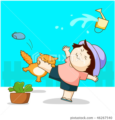 Cat play with the girl and bite her leg vector. Cat play with the girl and bite her leg vector. 46267540