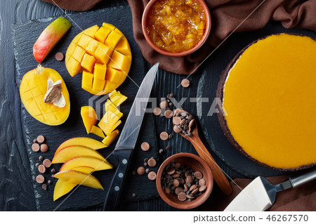 tasty chocolate mango cheesecake, close up 46267570