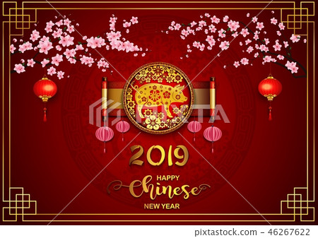 Happy Chinese New Year 2019 card. Year of the pig 46267622