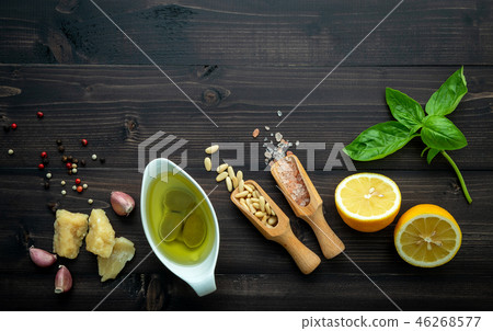The ingredients for green pesto sauce . 46268577
