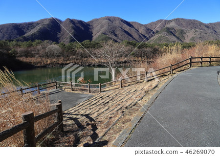 全景從富士五湖的Shoji湖的東南側到西側,朝向Mt. 全景從富士五湖的Shoji湖的東南側到西側,朝向Mt. 46269070