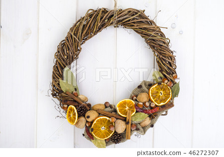 Christmas wreath of natural materials on white Christmas wreath of natural materials on white 46272307