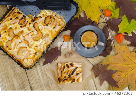 Apple pie, coffee, autumn maple leaves Apple pie, coffee, autumn maple leaves 46272362