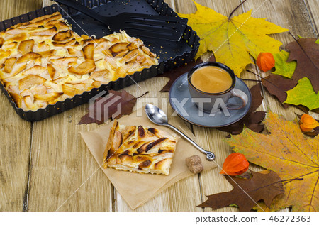 Apple pie, coffee, autumn maple leaves Apple pie, coffee, autumn maple leaves 46272363