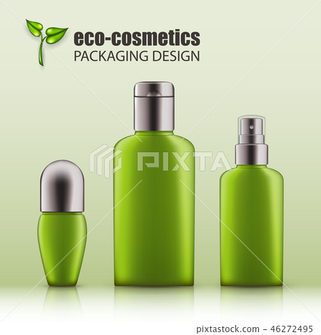 Set of realistic green glass bottles eco cosvetic Set of realistic green glass bottles eco cosvetic 46272495