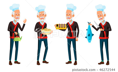 Asian Old Man Poses Set Vector. Elderly Chef In Restaurant. Rolls, Fish. Senior Person. Aged. Funny Asian Old Man Poses Set Vector. Elderly Chef In Restaurant. Rolls, Fish. Senior Person. Aged. Funny 46272544