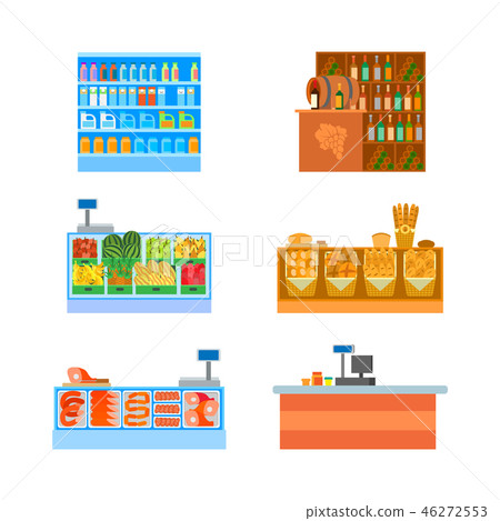Supermarket Business Counters Shelves Set Vector 46272553
