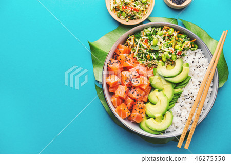 Poke bowl with salmon served in bowl 46275550