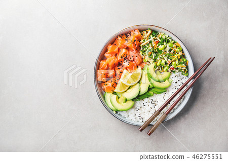 Poke bowl with salmon served in bowl 46275551