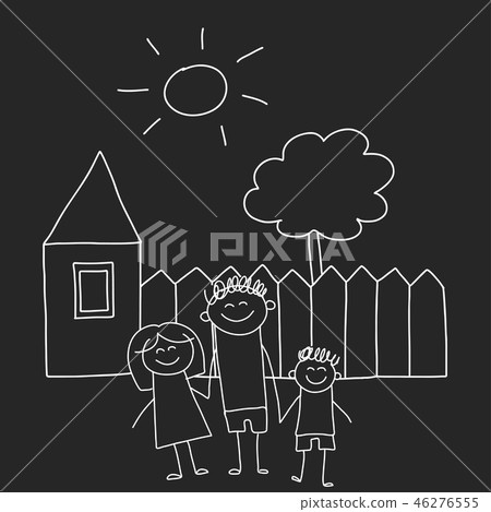 Happy family with house. Kids drawing style vector illustration isolated on blackboard background 46276555