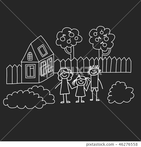 Happy family with house. Kids drawing style vector illustration isolated on blackboard background 46276558