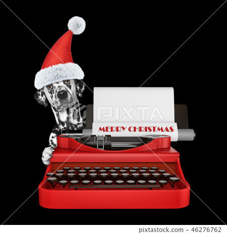 Cute santa dalmatian dog is typing on a typewriter keyboard. Isolated on black 46276762