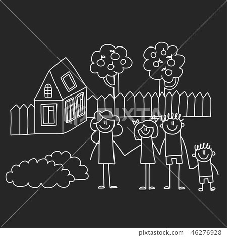 Happy family with house. Kids drawing style vector illustration isolated on blackboard background 46276928
