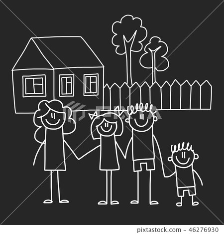 Happy family with house. Kids drawing style vector illustration isolated on blackboard background 46276930
