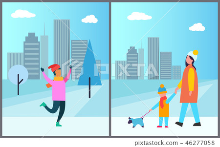 Man in Pink Sweater, Mother and Son Walk with Pet 46277058
