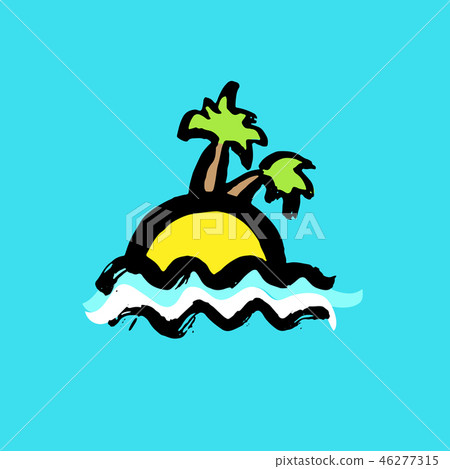 tropical island with palms yellow and blue sea illustration.