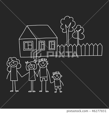 Happy family with house. Kids drawing style vector illustration isolated on blackboard background Happy family with house. Kids drawing style vector illustration isolated on blackboard background 46277831