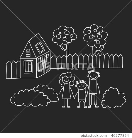 Happy family with house. Kids drawing style vector illustration isolated on blackboard background Happy family with house. Kids drawing style vector illustration isolated on blackboard background 46277834