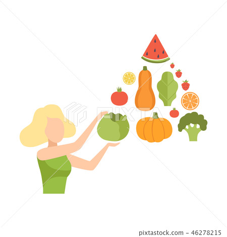 Young woman with a pyramid of vegetables and fruits, healthy eating, diet, organic vegan food vector 46278215