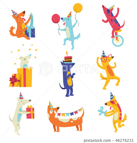 Collection of cute dogs in party hats, funny cartoon animal characters having fun at birthday party 46278231