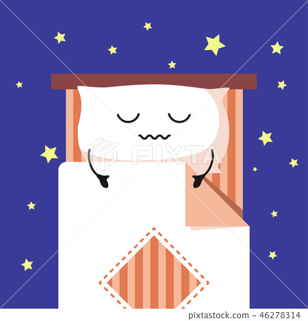 Smiling Cute Cartoon sleeping Pillow on stripped bed, Habituate kid card or poster. Smiling Cute Cartoon sleeping Pillow on stripped bed, Habituate kid card or poster. 46278314
