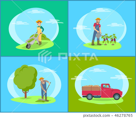 Car Lorry and People on Land Vector Illustration Car Lorry and People on Land Vector Illustration 46278765