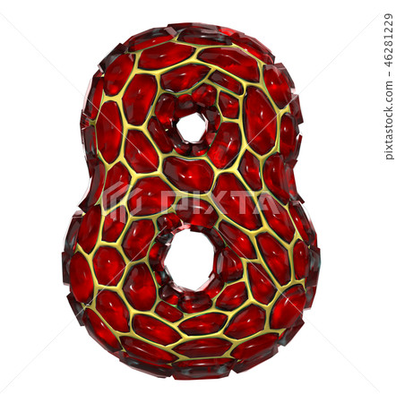 Number 8 eight made of golden shining metallic 3D with red glass isolated on white background. 46281229