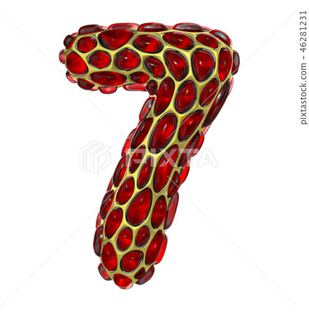 Number 7 seven made of golden shining metallic 3D with red glass isolated on white background. 46281231