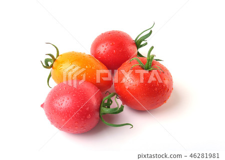 assorted fresh tomatoes with green leaves isolated on white background assorted fresh tomatoes with green leaves isolated on white background 46281981