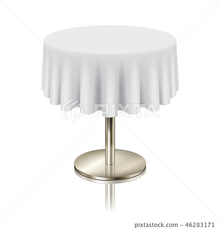 Round white clean table, restaurant round table with white tablecloth isolated 46283171