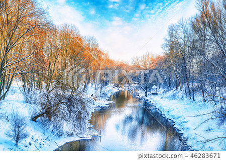 Scenic view of the river and trees in winter Scenic view of the river and trees in winter 46283671
