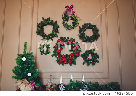 Christmas background - baubles and branch of spruce tree. Christmas background - baubles and branch of spruce tree. 46284590