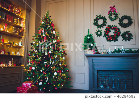 Christmas background - baubles and branch of spruce tree. Christmas background - baubles and branch of spruce tree. 46284592