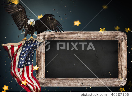 Empty wooden table with bald eagle and USA flag background. Empty wooden table with bald eagle and USA flag background. 46287106