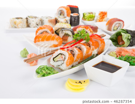 Japanese sushi set on white background. 46287354