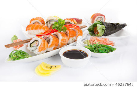 Japanese sushi set on white background. 46287643
