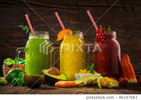 Healthy fresh smoothies with ingredients. Healthy fresh smoothies with ingredients. 46287661