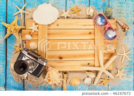 Summer traveling time. Sea holiday background with various shells. Summer traveling time. Sea holiday background with various shells. 46287672
