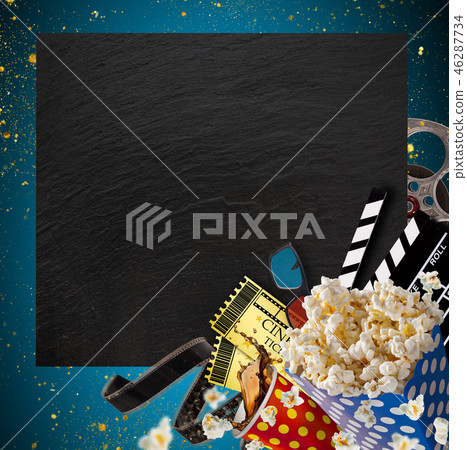 Pop-corn, movie tickets, clapperboard and other things in motion. 46287734
