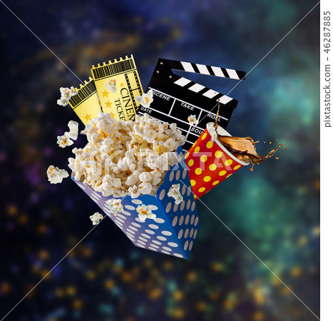 Pop-corn, movie tickets, clapperboard and other things in motion. 46287885