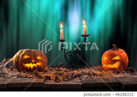 Halloween pumpkins on wooden planks. Halloween pumpkins on wooden planks. 46288152
