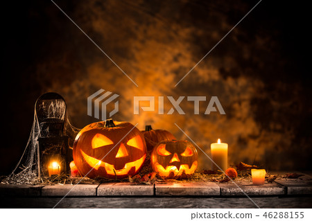 Halloween pumpkins on wooden planks. Halloween pumpkins on wooden planks. 46288155