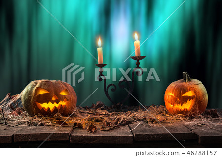 Halloween pumpkins on wooden planks. Halloween pumpkins on wooden planks. 46288157