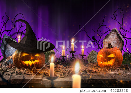 Halloween pumpkins on wooden planks. Halloween pumpkins on wooden planks. 46288228